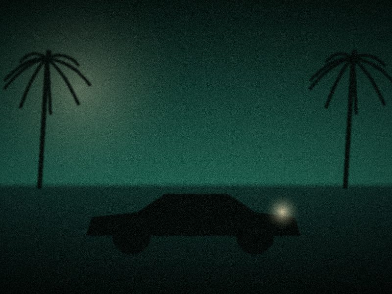 Allée de villa bordée de palmiers, voiture à l'arrêt dans la nuit
